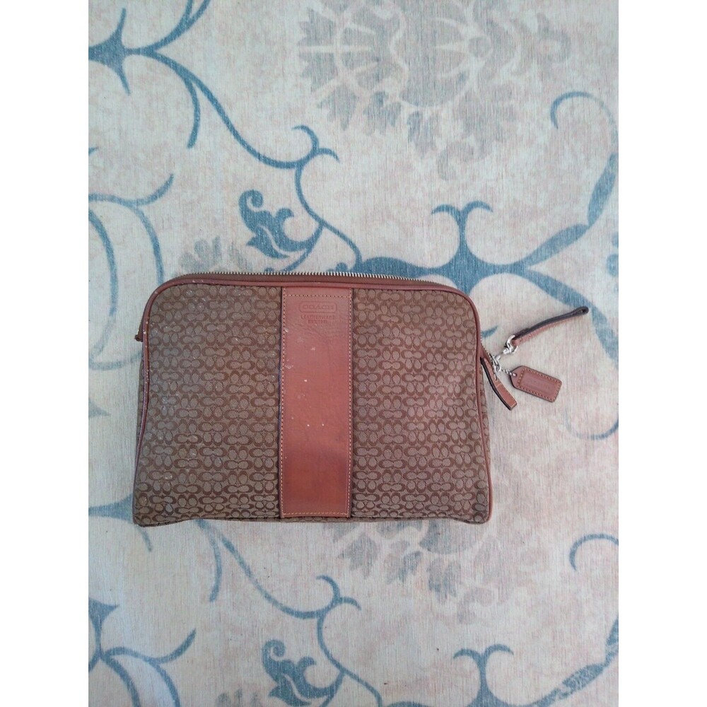 Vintage COACH Mini  F05094 Tan Logo Jacquard Leather Mens Clutch Y2K 90s 80s